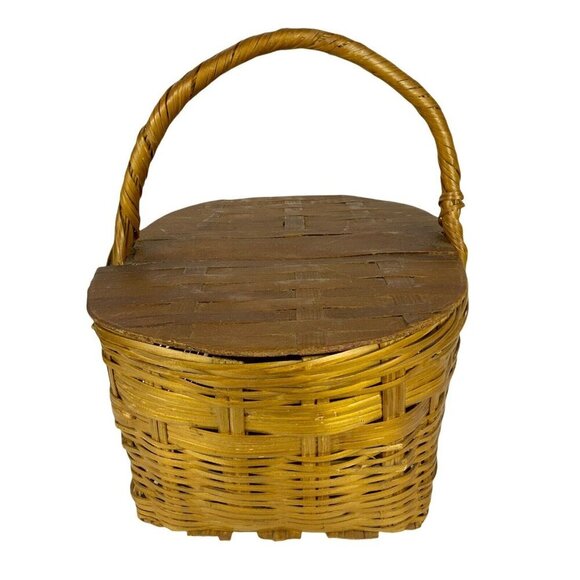 Vintage Wicker Picnic Basket With Wood Double Hinged Lid Farmhouse Style - Picture 4 of 12